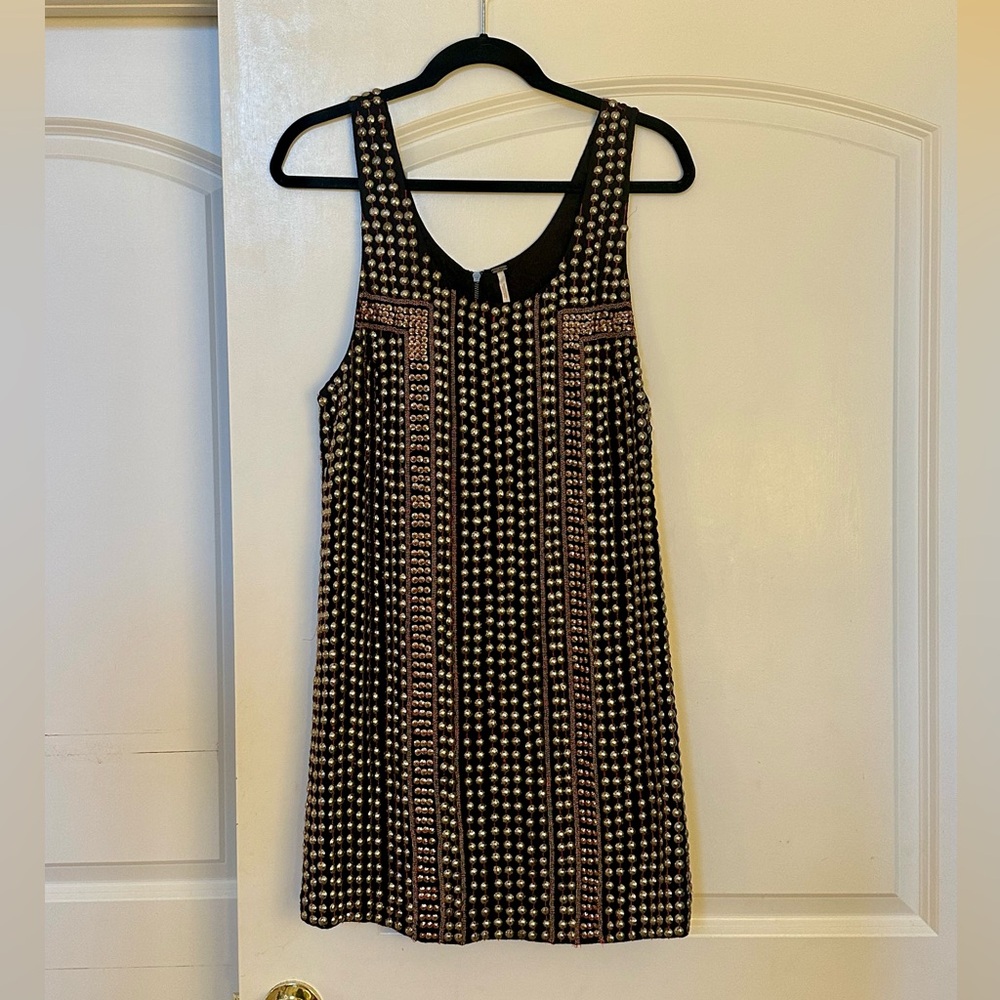 Free People black and silver studded mini dress with red thread accents, size M